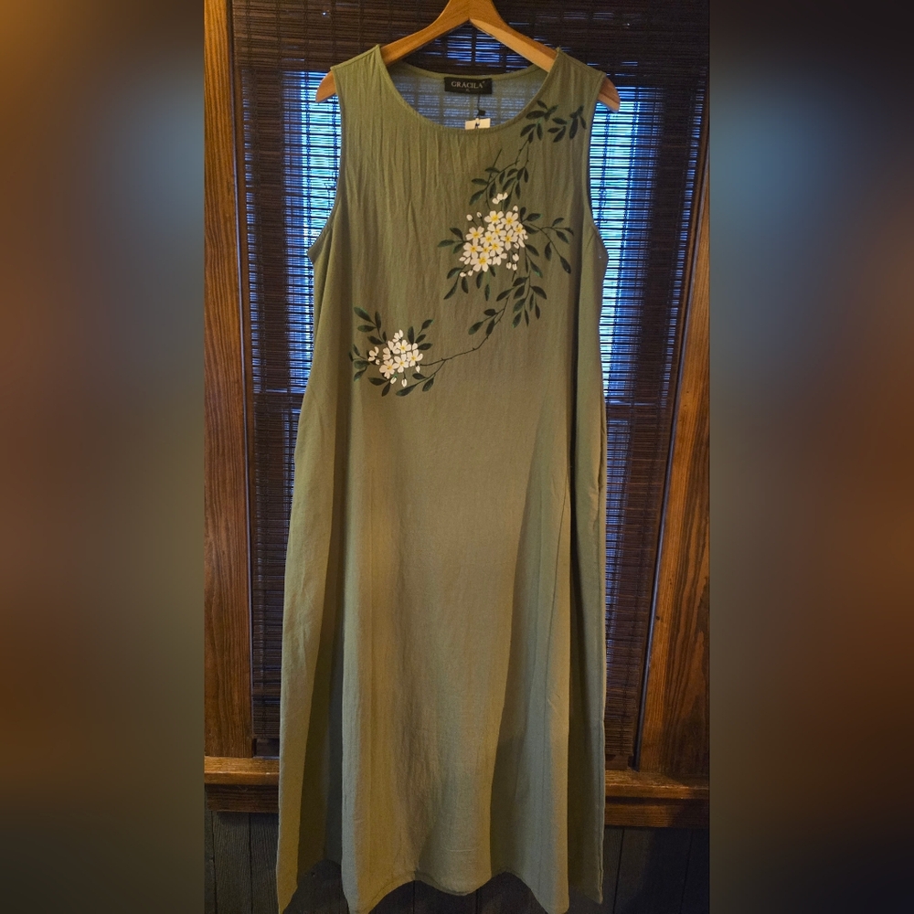 Gracila New With Tags Maxi Dress, XL Sleeveless,OliveGreen,White Painted Flowers